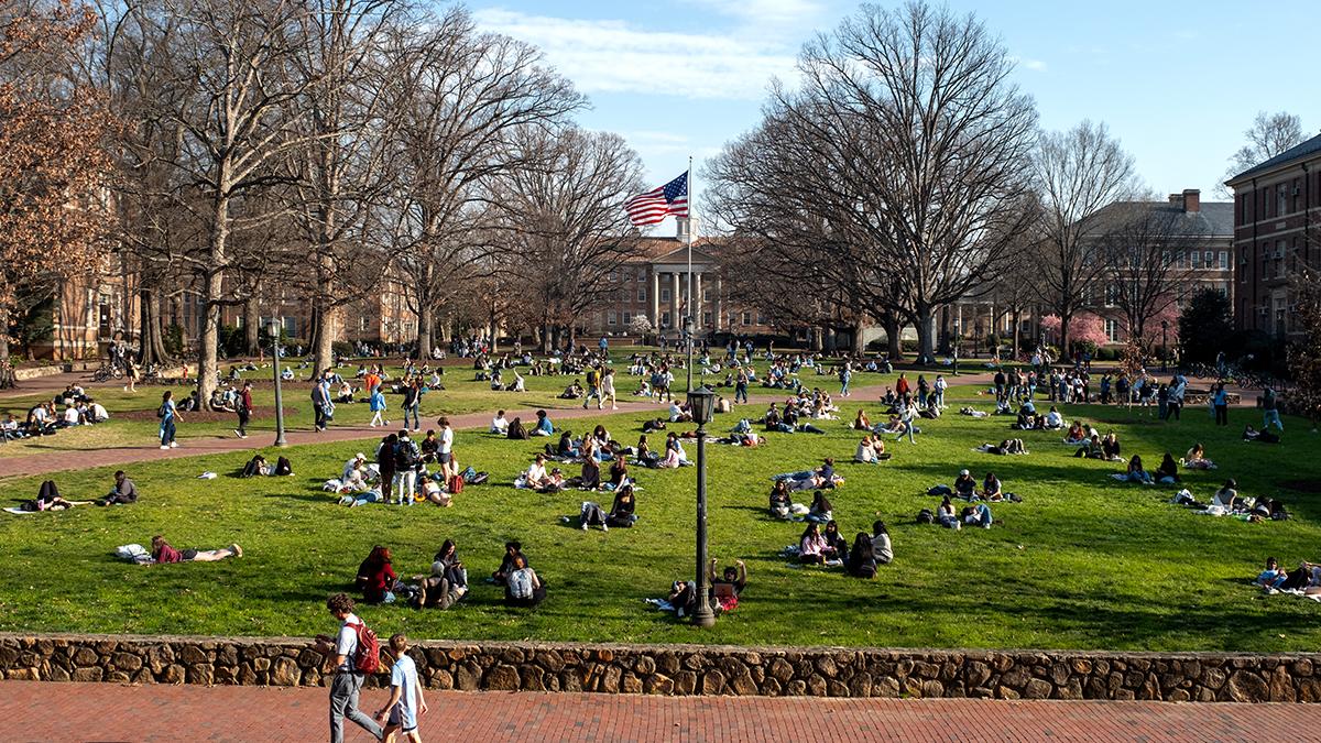 Wide shot of main quad with students picnicking and walking around.