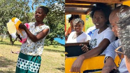 Collage image of two women in Zambia. One is on her phone in a yellow cab speaking to people just outside the cab. One is crocheting a yellow and pink colored piece of clothing.